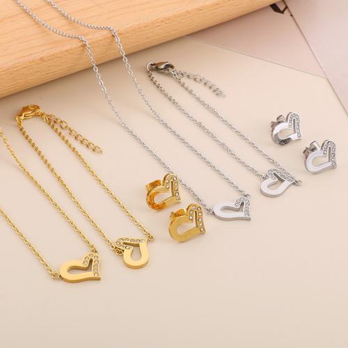 Rhinestone Stainless Steel Jewelry Set 304 Stainless Steel Heart & for woman & with rhinestone Sold By PC