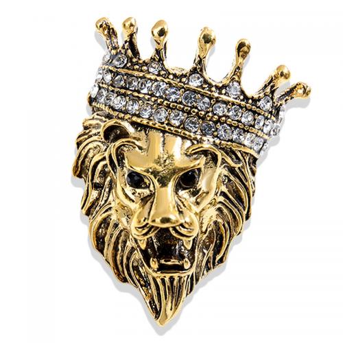 Broches en alliage de zinc, lion, Placage de couleur d'or, pour femme & avec strass, protéger l'environnement, sans nickel, plomb et cadmium, 28x38mm, Vendu par PC