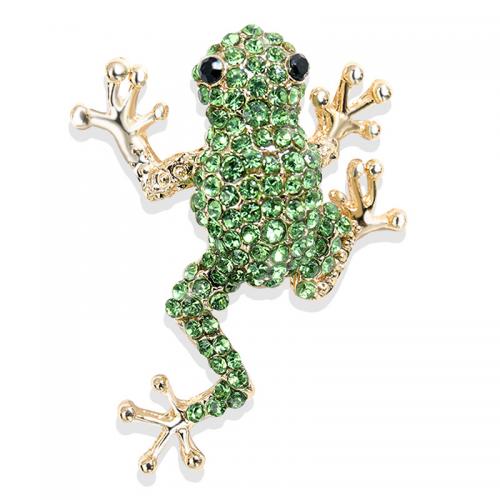 Zinklegering broches, Zinc Alloy, Kikker, gold plated, voor vrouw & met strass, groen, nikkel, lood en cadmium vrij, 29x39mm, Verkocht door PC