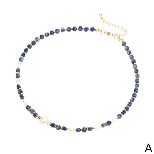 Messing Halskæde, med Ædelsten & Ferskvandsperle, med 5cm extender kæde, forskellige materialer til valg & for kvinde, flere farver til valg, Længde 30 cm, Solgt af PC