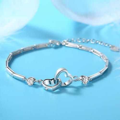 metal Pulsera, con 1.2inch extender cadena, Corazón, chapado en platina real, para mujer & con diamantes de imitación & hueco, longitud aproximado 6.3 Inch, Vendido por UD