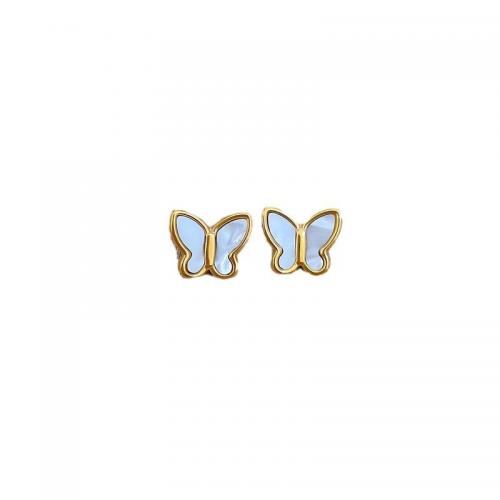 Titanium Stål Stud Earring, med White Shell, Butterfly, guldfarve belagt, mode smykker & for kvinde, 1.20x10mm, Solgt af par