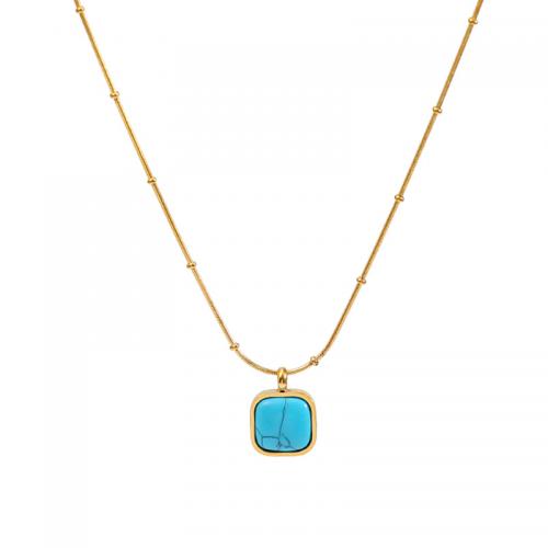 Collier d'acier titane, avec turquoise synthétique, avec 6.5cm chaînes de rallonge, Carré, bijoux de mode & pour femme, bleu, protéger l'environnement, sans nickel, plomb et cadmium, 12mm, Longueur Environ 42 cm, Vendu par PC