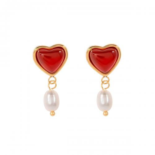 Stainless Steel Drop Earring 304 Stainless Steel with Red Agate & Plastic Pearl Heart 18K gold plated fashion jewelry & for woman golden 25mm Sold By Pair