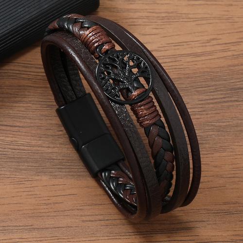 PU leder koord armbanden, met Zinc Alloy, Tree of Life, lood zwarte kleur vergulde, Vintage & voor de mens, meer kleuren voor de keuze, Lengte 21.5 cm, Verkocht door PC