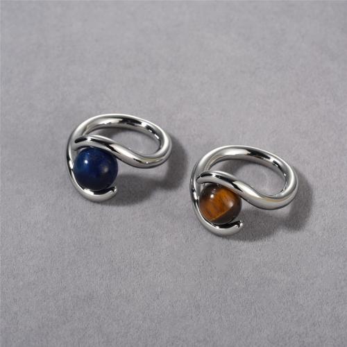 Bague en laiton, avec Lapis lazuli & oeil de tigre, Plaqué d'or 18K, bijoux de mode & pour femme, protéger l'environnement, sans nickel, plomb et cadmium, Taille:7, Vendu par PC