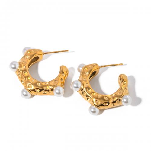 Tíotáiniam Cruach Earring, Cruach Tíotáiniam, le Shell Pearl, 18K ór plátáilte, jewelry faisin & do bhean, órga, 32.50x7.20mm, Díolta De réir Péire