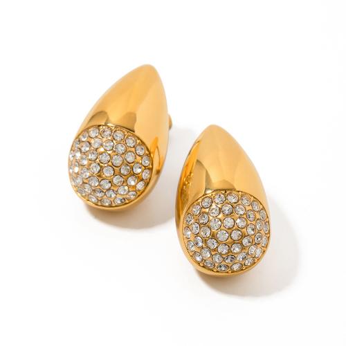 Titanium Steel  Earring 18K gold plated fashion jewelry & for woman & with rhinestone golden Sold By Pair