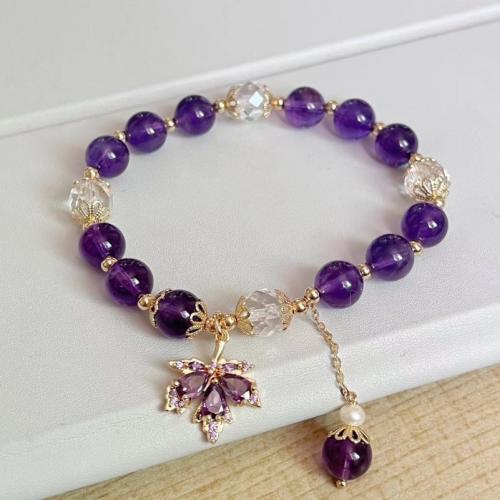 Amethyst Armband, mit Natürliche kultivierte Süßwasserperlen & Kristall & Zinklegierung, Ahornblatt, Koreanischen Stil & für Frau, Länge ca. 6-8 ZollInch, verkauft von PC