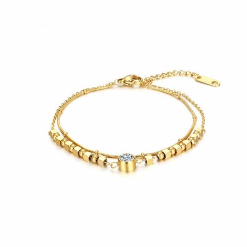 Pulseira de aço titânio, Partículas de aço, with zircone em forma de cubo, with 5cm extender chain, Camada Dupla & joias de moda & unissex, dourado, níquel, chumbo e cádmio livre, comprimento Aprox 18 cm, vendido por PC