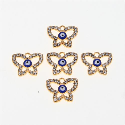 Evil Eye Hangers, Zinc Alloy, Vlinder, KC gold plated, mode sieraden & DIY & glazuur & met strass & hol, blauw, nikkel, lood en cadmium vrij, 18x15x3mm, Ca 100pC's/Bag, Verkocht door Bag