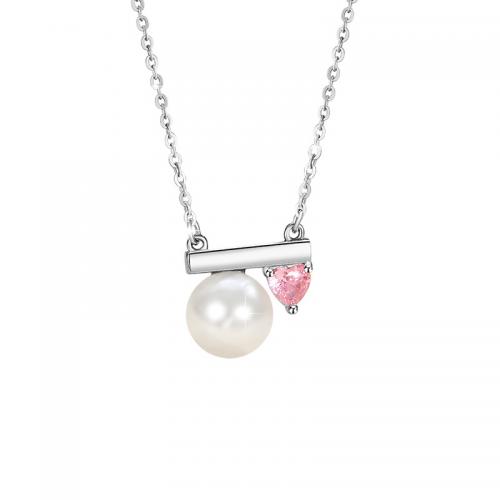 Zircone cubico Micro spianare collana dell'argento sterlina, 925 argento sterlina, with Shell Pearl, with 5CM extender chain, placcato, Micro spianare cubic zirconia & per la donna, argento, Lunghezza Appross. 40 cm, Venduto da PC