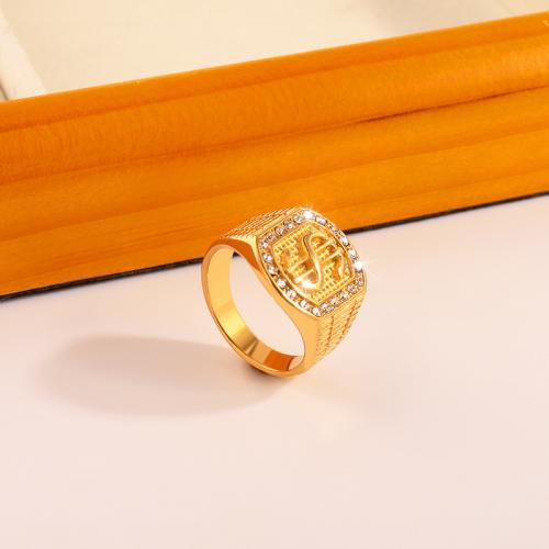 Anillo de dedo acero inoxidable del Rhinestone, acero inoxidable 304, chapado, unisexo & diverso tamaño para la opción & con diamantes de imitación, dorado, Vendido por UD