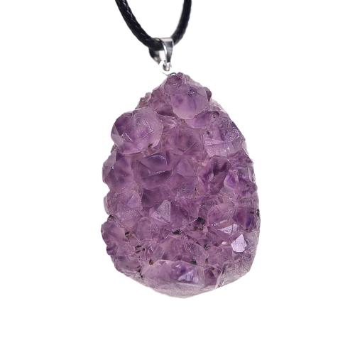 Wisior z naturalnego kwarcu, Ametyst, ze PU & Sznur bawełniany, Łezka, styl druzy & DIY & różne style do wyboru, pendant length 30-40mm, sprzedane przez PC