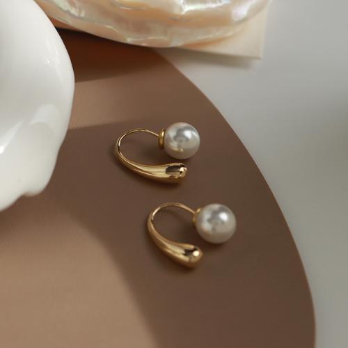 Titanium Staal Earring, met Plastic Pearl, mode sieraden & voor vrouw, gouden, 19mm, Verkocht door pair