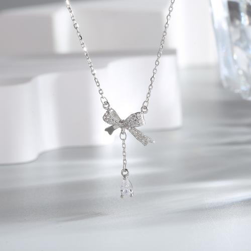 Kubieke Zircon Micro effenen Sterling zilveren ketting, 925 sterling zilver, Strik, mode sieraden & micro pave zirconia & voor vrouw, nikkel, lood en cadmium vrij, Lengte Ca 40-45 cm, Verkocht door PC