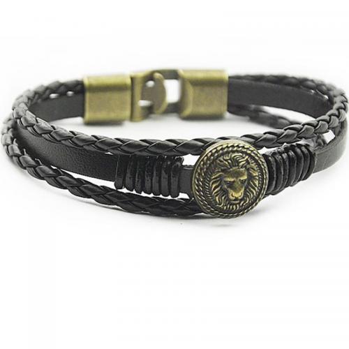 PU leder koord armbanden, met Zinc Alloy, drie lagen & mode sieraden & voor de mens, zwart, Lengte Ca 22 cm, Verkocht door PC