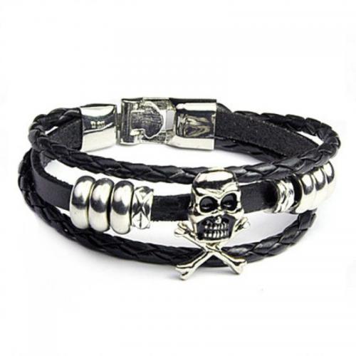 PU leder koord armbanden, met Zinc Alloy, drie lagen & mode sieraden & voor de mens, zwart, Lengte Ca 22 cm, Verkocht door PC