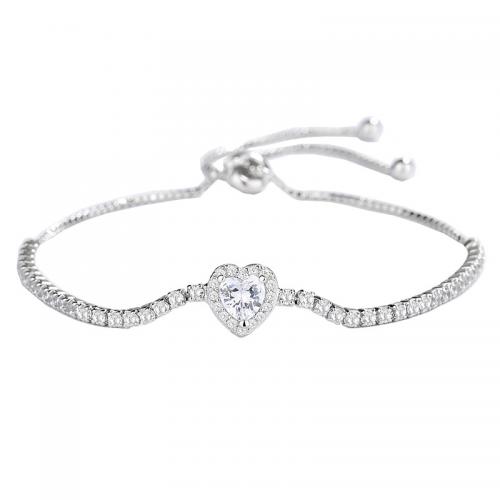 925 Sterling Sølv Armbånd, Heart, platineret, Micro Pave cubic zirconia & for kvinde, Længde Ca. 9.8 inch, Solgt af PC