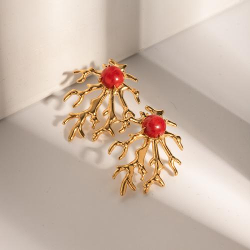 Cruach dhosmálta Graí Earrings, 304 Cruach dhosmálta, le Coral iontaiseach, plátáilte, jewelry faisin, órga, 26.70x34.10mm, Díolta De réir Péire