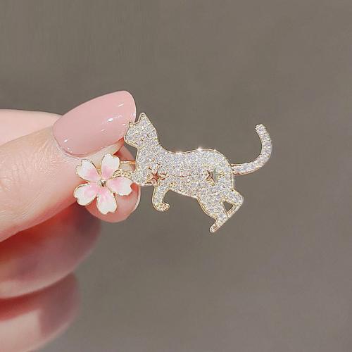 Zinc Alloy Brocher, Cat, forgyldt, mode smykker & med rhinestone, gylden, nikkel, bly & cadmium fri, 23x38mm, Solgt af PC