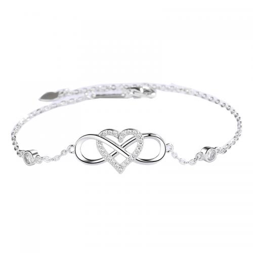 925 Sterling Silver Bracelet with 1.6inch extender chain Heart platinum plated micro pave cubic zirconia & for woman & hollow Length Approx 7 Inch Sold By PC