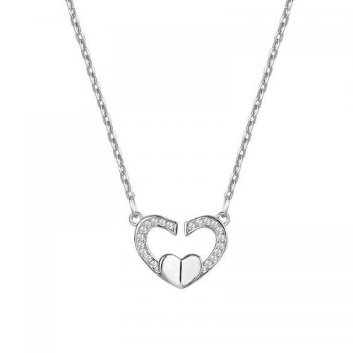 925 Sterling Sølv Halskæde, med 1.2inch extender kæde, Heart, platineret, Micro Pave cubic zirconia & for kvinde & hule, Længde Ca. 16.5 inch, Solgt af PC