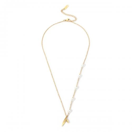 Collier d'acier titane, avec perle de plastique, sirène, bijoux de mode & pour femme, doré, Longueur Environ 40-46 cm, Vendu par PC