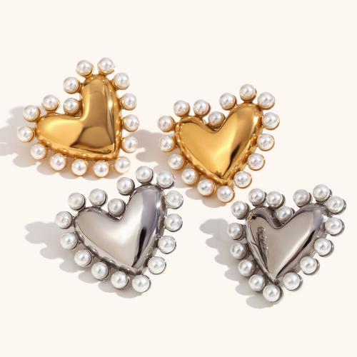 Stainless Steel Stud Earrings 316L Stainless Steel with Plastic Pearl Heart Vacuum Ion Plating fashion jewelry & for woman 27.80mm Sold By Pair