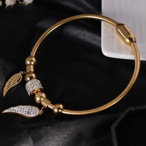 304 Stainless Steel European Bangle Wing Shape Vacuum Ion Plating fashion jewelry & for woman & with rhinestone Length Approx 17 cm Sold By PC