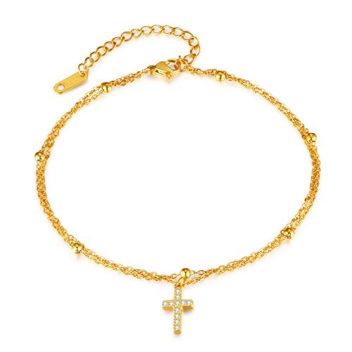 Roestvrijstalen Anklet, 316 Roestvrij staal, met 6.5CM extender keten, Oversteken, plated, micro pave zirconia & voor vrouw, gouden, Lengte Ca 23.5 cm, Verkocht door PC