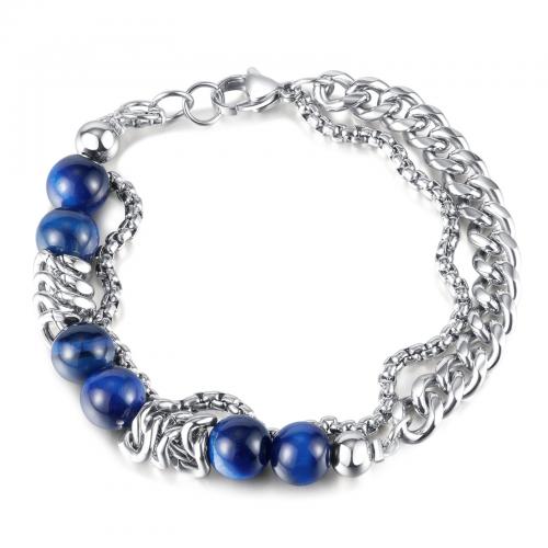 Bijoux bracelet en acier inoxydable, Acier inoxydable 316, avec oeil de tigre, Placage, pour femme, couleur platine, Longueur Environ 18 cm, Vendu par PC