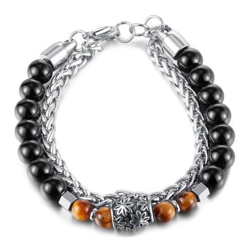 Rustfrit stål smykker Armbånd, 316 Stainless Steel, med Tiger Eye & Sort Agate, forgyldt, Unisex, platin farve, Længde Ca. 21 cm, Solgt af PC