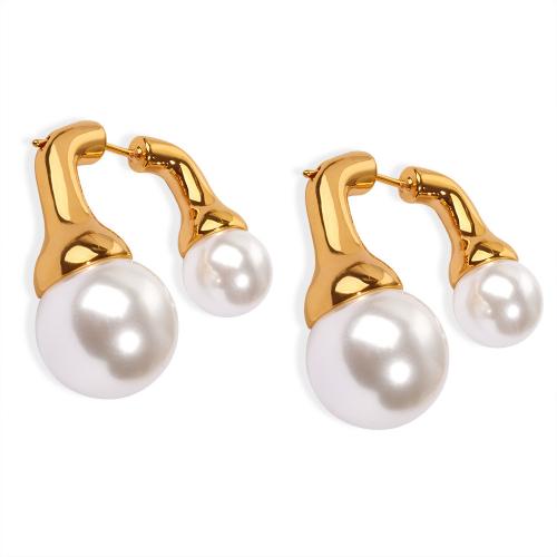 Mässing Stud Örhänge, med Plast Pearl, plated, för kvinna, gyllene, 25x26.50mm, Säljs av Par