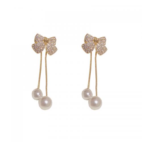 Messing Tassel Earring, met Plastic Pearl, Strik, 14K vergulde, micro pave zirconia & voor vrouw, 5x46mm, Verkocht door pair