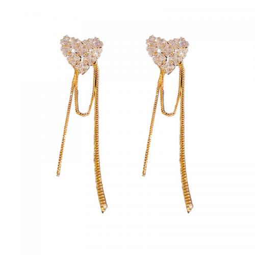 Prás Tassel Earring, Croí, 14K óir plated, micrea réiteach zirconia ciúbach & do bhean, 17x61mm, Díolta De réir Péire