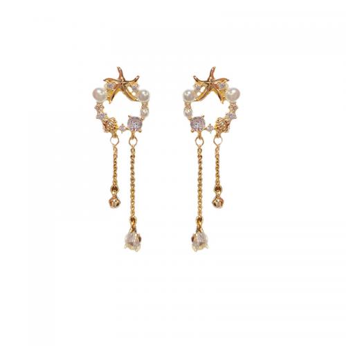 Messing Tassel Earring, met Plastic Pearl, Bloem, 14K vergulde, micro pave zirconia & voor vrouw, 13x58mm, Verkocht door pair