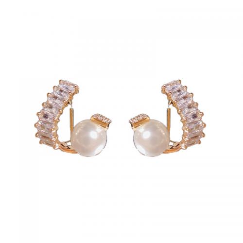 Brass Stud Earring with Plastic Pearl plated micro pave cubic zirconia & for woman Sold By Pair