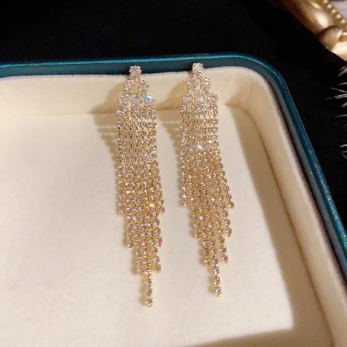 Prás Tassel Earring, Patrún Geoiméadrach, 14K óir plated, micrea réiteach zirconia ciúbach & do bhean, 12x69mm, Díolta De réir Péire