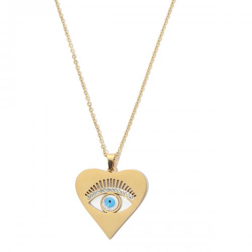 Evil Eye sieraden ketting, Titanium Staal, met Acryl, Hart, mode sieraden & voor vrouw & glazuur & met strass, gouden, Lengte Ca 40-45 cm, Verkocht door PC