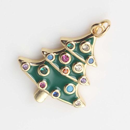 Cubic Zirconia Micro Pave Brass Pendant Christmas Tree gold color plated DIY & micro pave cubic zirconia & enamel green nickel lead & cadmium free Sold By PC