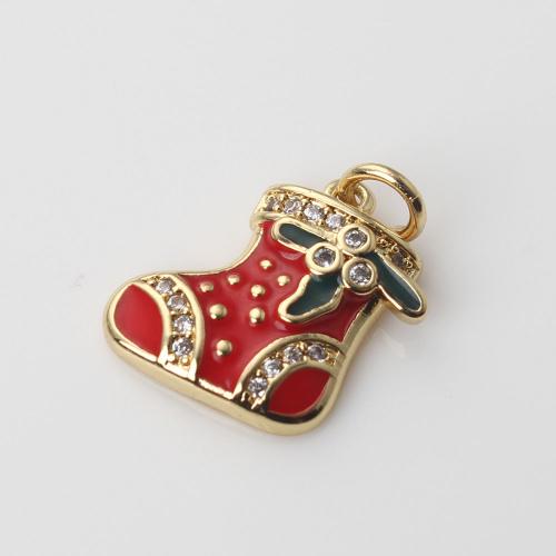 Kubik Zirkonium mikro bana Mässing hängande, Christmas Sock, guldfärg pläterade, DIY & micro bana cubic zirconia & emalj, röd, nickel, bly och kadmium gratis, 16.20x12.20x3mm, Säljs av PC