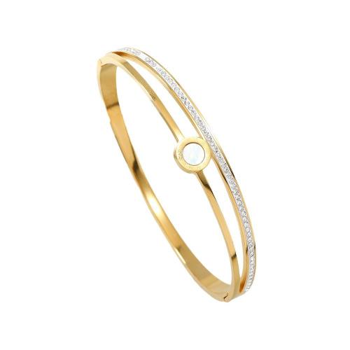 Bracelet en acier inoxydable, Acier inoxydable 304, avec coquille, Placage, styles différents pour le choix & pavé de micro zircon & pour femme, doré, Diamètre intérieur:Environ 60mm, Vendu par PC