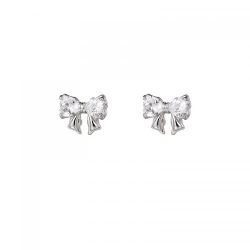 Cubic Zirconia Micro άνοιγαν Sterling Silver Σκουλαρίκι, 925 Sterling Silver, Bowknot, επιχρυσωμένο, μικρο ανοίξει κυβικά ζιρκονία & για τη γυναίκα, ασήμι, 7.50x5.50mm, Sold Με Ζεύγος