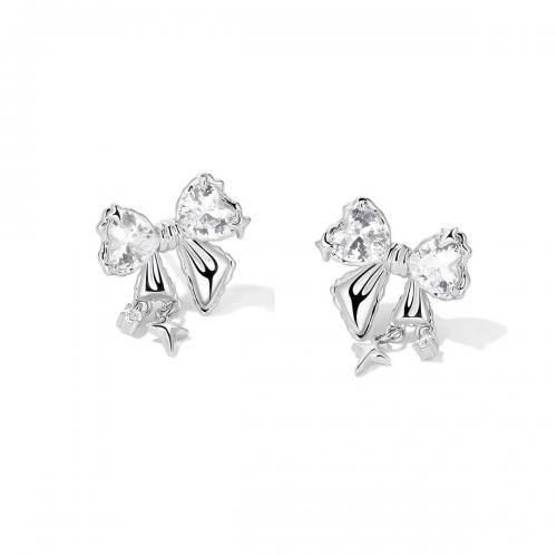 Cubic Zirconia Micro άνοιγαν Sterling Silver Σκουλαρίκι, 925 Sterling Silver, Bowknot, επιχρυσωμένο, μικρο ανοίξει κυβικά ζιρκονία & για τη γυναίκα, ασήμι, 19.60x14.50mm, Sold Με Ζεύγος