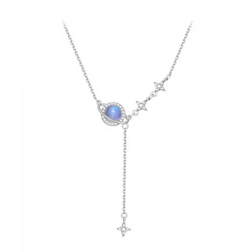 Kubinis Cirkonas mikro nutiesti sidabrines karoliai, 925 Sterling Silver, su Moonstone, su 6CM Extender grandinės, Bowknot, padengtą, mikro nutiesti kubinių Zirconia & moters, sidabras, Ilgis Apytiksliai 41 cm, Pardavė PC