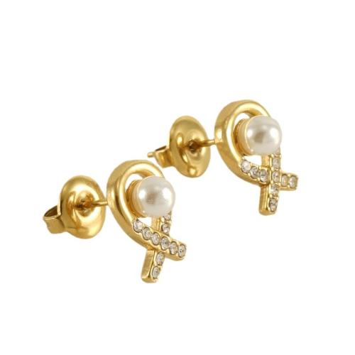 Stainless Steel Stud Earrings 304 Stainless Steel with Plastic Pearl 18K gold plated fashion jewelry & for woman & with rhinestone golden Sold By Pair