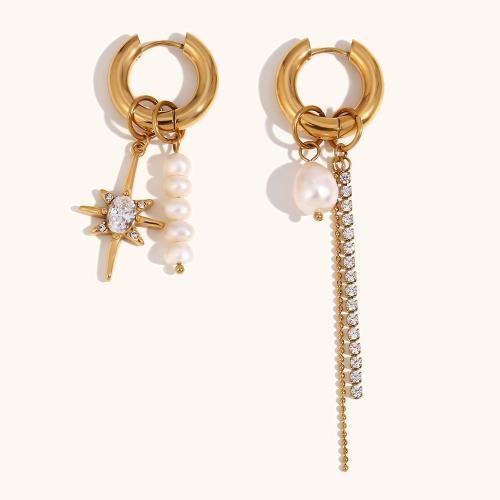 Boucles d'oreilles asymétriques, acier inoxydable 316L, avec perle d'eau douce cultivée, Plaqué or 18K, bijoux de mode & pavé de micro zircon & pour femme, doré, Vendu par paire