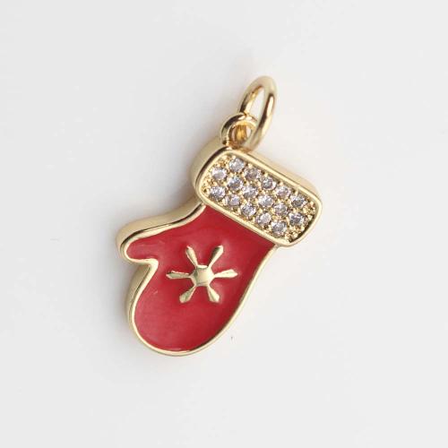 Messing hanger met micro-paved kubieke zirconia's, Kerstmis Glove, gold plated, DIY & micro pave zirconia & glazuur, rood, nikkel, lood en cadmium vrij, 17.20x4.80x18.70mm, Verkocht door PC