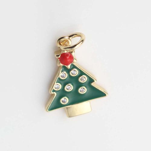 Cubic Zirconia Micro Pave Brass Pendant Christmas Tree gold color plated DIY & micro pave cubic zirconia & enamel green nickel lead & cadmium free Sold By PC